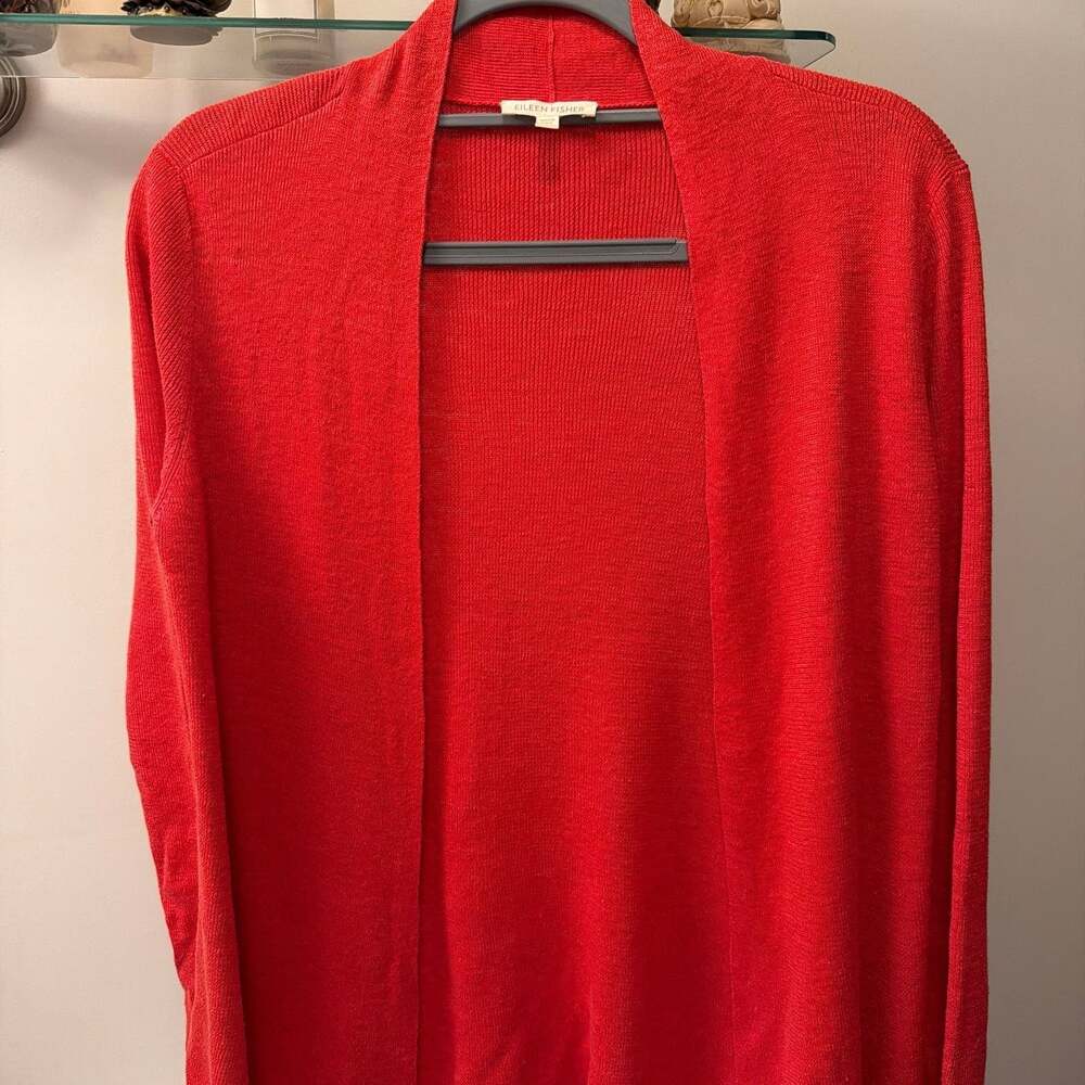 Eileen Fisher 100% Linen Open Front Cardigan Red Size S